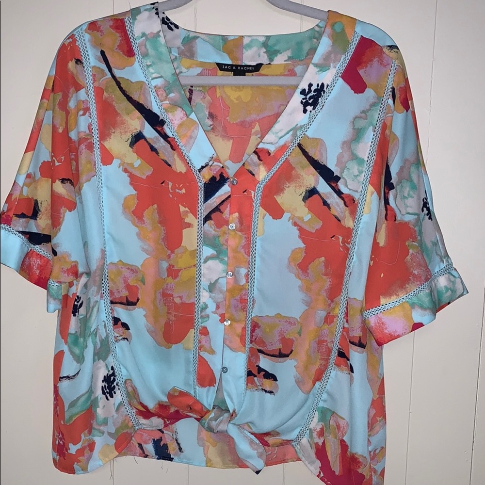 Short Sleeved Lace Accents Waist Tie Blouse  Size L Aqua Coral Tangerine